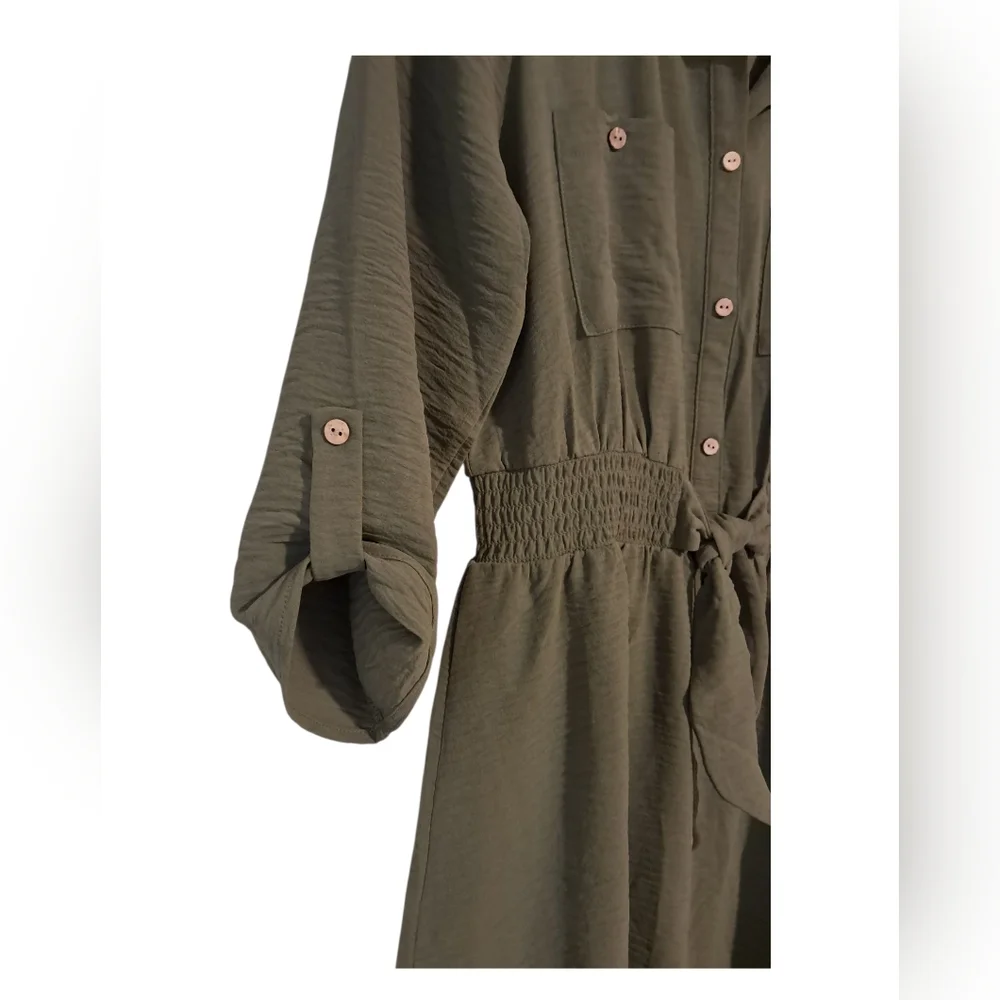 Naïf green shirt dress, front tie 3/4 sleeve - Picture 3 of 6